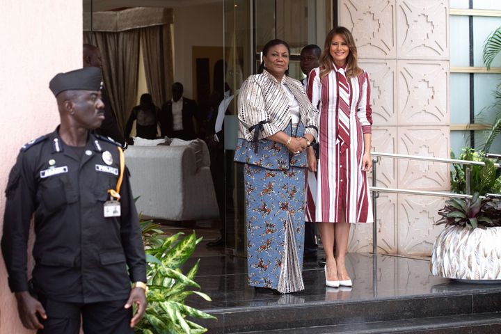 Melania Trump poses with Ghana's first lady Rebecca Akufo-Addo prior to their meeting at Jubilee House in Accra, Ghana, on Oct. 2, 2018.