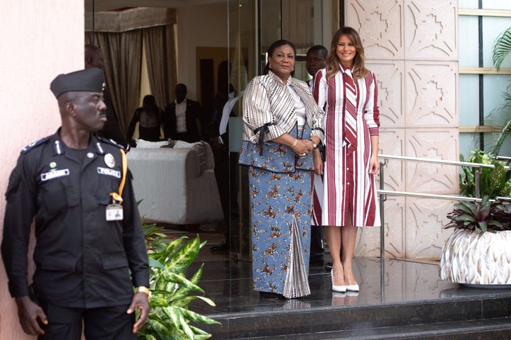 Melania Trump poses with Ghana's first lady Rebecca Akufo-Addo prior to their meeting at Jubilee House in Accra, Ghana, on Oct. 2, 2018.