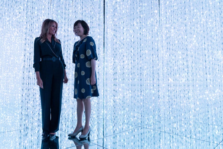 Akie Abe and Melania Trump visit the Mori Building Digital Art Museum on May 26, 2019 in Tokyo, Japan.