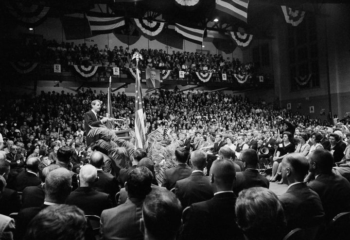 Robert Kennedy speaks at a rally during his 1968 campaign for the Democratic Party's presidential nomination.