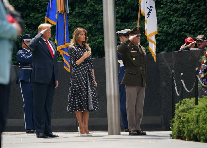 Donald and Melania Trump pay their respects as they visit the Korean War Veterans Memorial in Washington, DC on June 25, 2020.