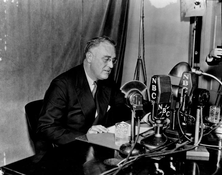 President Franklin Roosevelt delivers one of his "fireside chats" broadcast on NBC Radio.