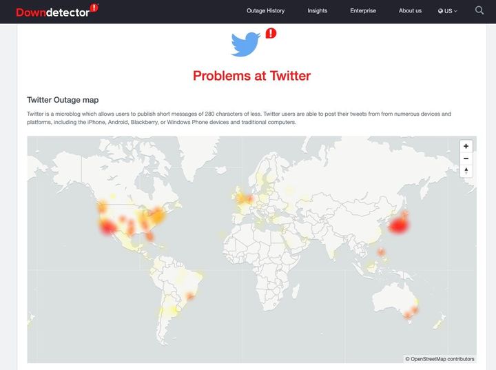 「Downdetector」のサイトが知らせたTwitterの世界各地の障害状況。日本などで大規模な障害が発生している（10月16日午前9時現在）