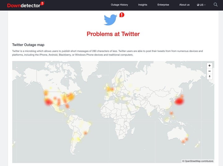 「Downdetector」のサイトが知らせたTwitterの世界各地の障害状況。日本などで大規模な障害が発生している（10月16日午前9時現在）