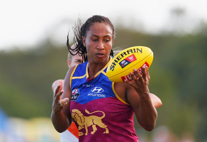 Sabrina Frederick, shown here at Brisbane's South Pine Complex in February 2017 playing for her former team Brisbane Lions, has spoken about the “heartbreaking” death of fellow AFLW player Jacinda Barclay.