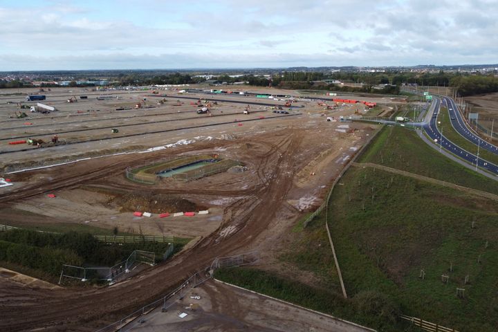 An aerial picture shows excavators working at the Brexit lorry park near Ashford in Kent.