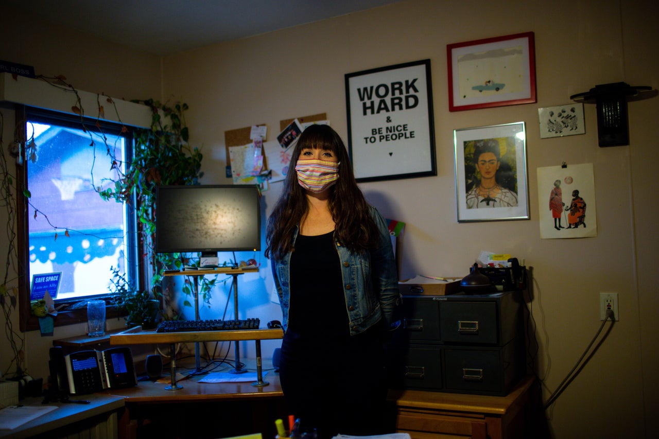 Katie Bement, executive director of Embrace, poses at Rusk County Office & Safe Shelter in Ladysmith, Wisconsin. The agency recently lost both funding and police support after displaying Black Lives Matter signs at its four locations.