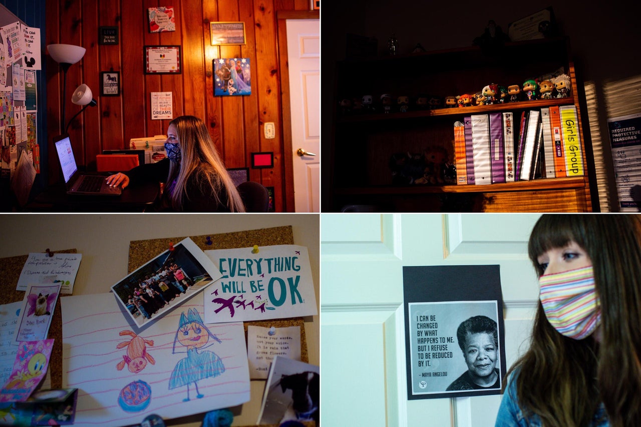 Top left: Kendra Carillon, youth development advocate at Embrace, is shown working at the shelter. Top right: Binders and toys sit on shelves inside the shelter, which serves clients in four rural counties. Bottom left: A drawing from a child who stayed in the shelter is pinned up. Bottom right: Bement walks by a Maya Angelou quote on the wall.