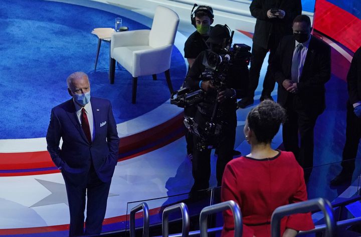 Democratic presidential candidate Joe Biden answers a question from a voter after an ABC town hall event on Oct. 15.