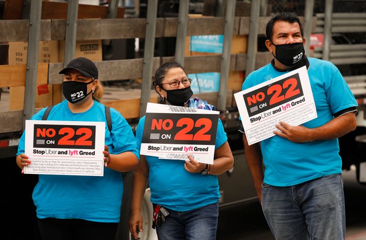 Members of the Mobile Workers Alliance held a demonstration in Los Angeles earlier this month, urging voters to vote against Prop 22. 
