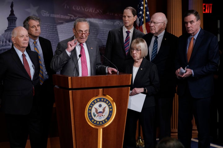 Senate Minority Leader Chuck Schumer (D-N.Y.) and fellow Democrats hold a news conference March 11 to discuss emergency paid sick leave to assist people whose jobs are affected by the coronavirus outbreak.