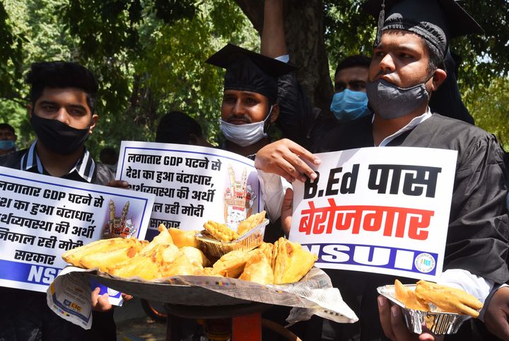 NEW DELHI, INDIA - SEPTEMBER 17: NSUI activists stalled Pakoda Shop to protest on PN Modi birthday at Youth Congress office on September 17, 2020 in New Delhi, India. (Photo by Mohd Zakir/Hindustan Times via Getty Images)