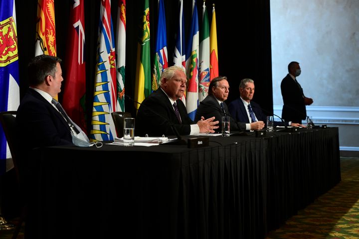 Ontario Premier Doug Ford, second left, speaks as Alberta Premier Jason Kenney, Quebec Premier Francois Legault and Manitoba Premier Brian Pallister look on during a press conference in Ottawa on Sept. 18, 2020.