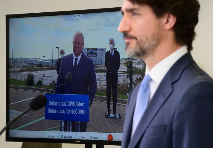Prime Minister Justin Trudeau takes part in a press conference at the Ford Connectivity and Innovation Centre in Ottawa on Oct. 8 2020. He was joined virtually from Oakville by Ontario Premier Doug Ford.
