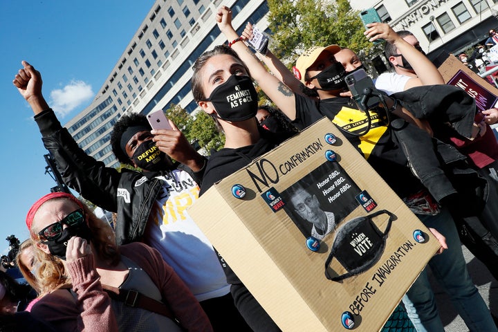 WASHINGTON, DC - OCTOBER 17: Demonstrators on the move during the #CountonUs March Women's Voter Rally on October 17, 2020 in Washington, DC. 