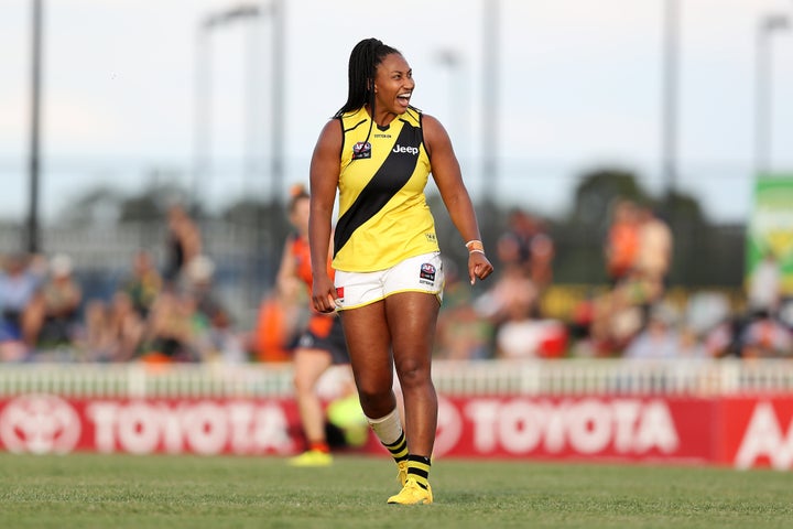 Sabrina Frederick in action for the Richmond Tigers missed a shot on goal during the round five AFLW match against Greater Western Sydney Giants at Robertson Oval on March 07, 2020 in Wagga Wagga.