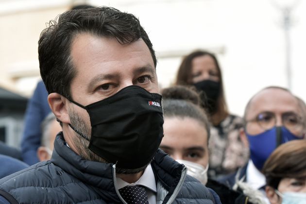 ROME, ITALY - OCTOBER 14: Matteo Salvini, wearing a mask with a logo that says 'I love the police', ...