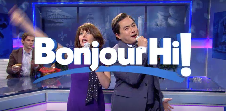 Kate McKinnon and Bowen Yang on "Bonjour-Hi," a sketch on this week's episode of "Saturday Night Live."