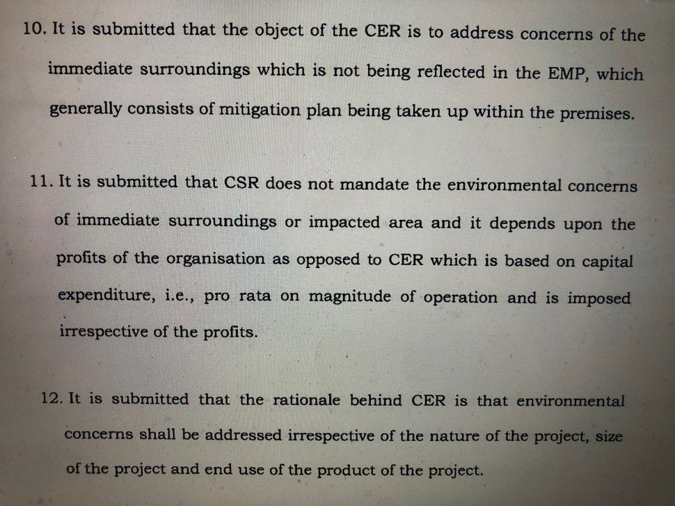 Excerpt from the affidavit filed by the union environment ministry in the Delhi High Court in February. Paragraph 10 clearly shows the environment ministry noting the need for a separate Corporate Environment Responsibility fund in addition to the Environment Management Plan.
