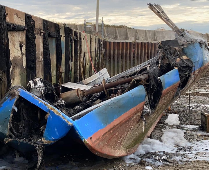 Robert Syliboy's lobster fishing boat is shown after being destroyed by a fire in this Oct. 5, 2020 handout photo.