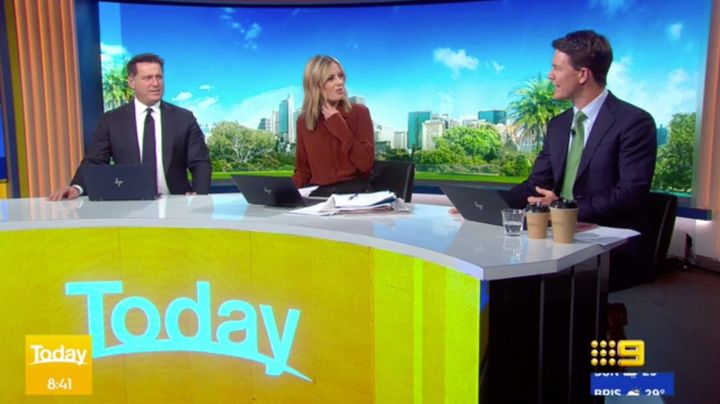'Today' show hosts Karl Stefanovic and Allison Langdon ask presenter Alex Cullen about his croaky voice on TV