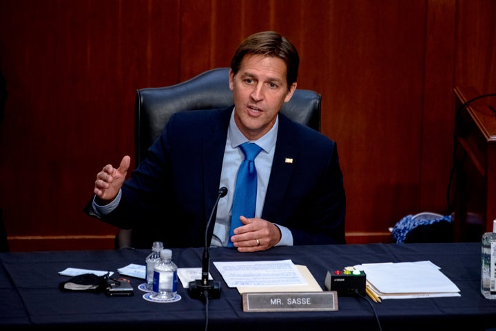 Sen. Ben Sasse (R-Neb) speaks during the confirmation hearing for Supreme Court nominee Amy Coney Barrett. Sasse has been criticising President Donald Trump recently, and told his constituents in a telephone town hall meeting that the president has “flirted with white supremacists” and “kisses dictators' butts.”