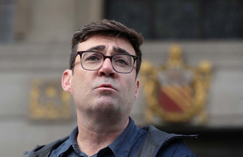 Greater Manchester mayor Andy Burnham speaking to the media outside the Central Library in Manchester