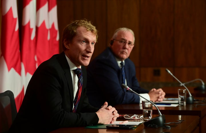 Indigenous Services Minister Marc Miller and Public Safety Minister Bill Blair hold a press conference in Ottawa on Oct. 19, 2020.