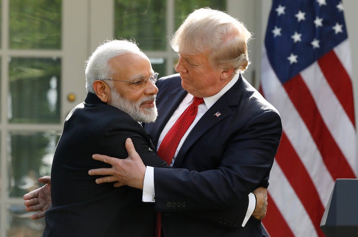 Prime Minister Narendra Modi and US President Donald Trump as they give joint statements in the Rose Garden of the White House on June 26, 2017.