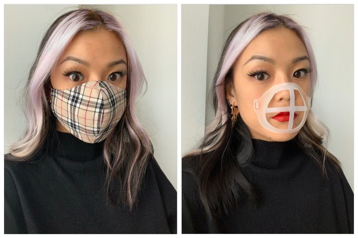 Angela Hui wearing her face mask with a mask bracket.