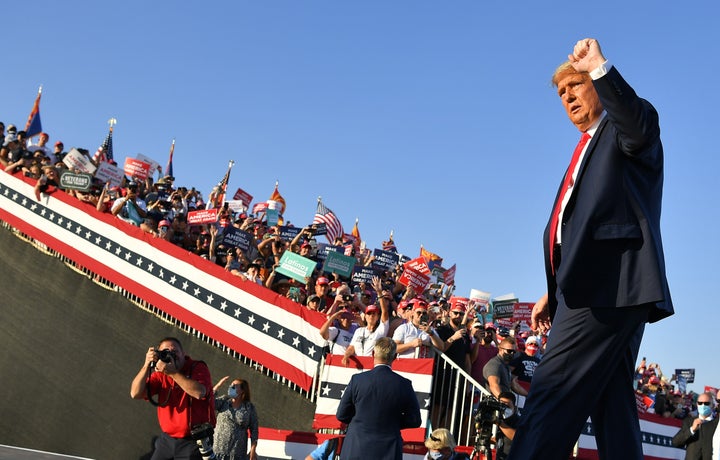 President Donald Trump departs following a rally at Tucson International Airport in Tucson, Arizona on Oct. 19, 2020. 