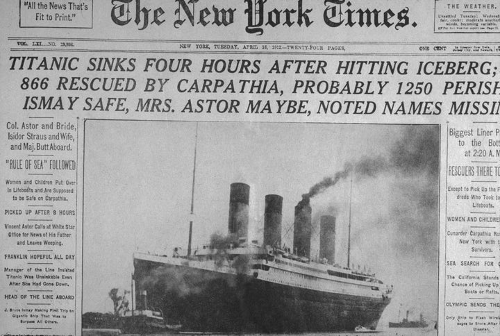 16th April 1912: Front page of The New York Times newspaper with headlines announcing the sinking of the 'Titanic' ocean line