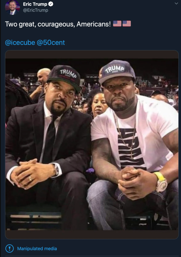 Eric Trump posted a fake photo showing Ice Cube and fellow rapper 50 Cent wearing “Trump 2020” hats on Tuesday.