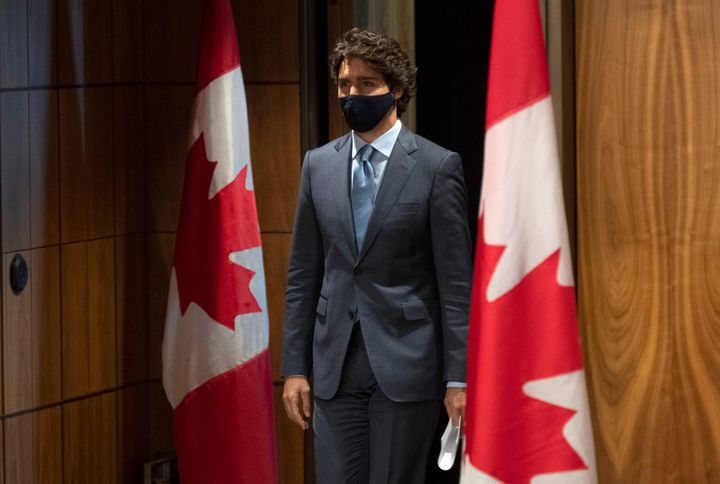 Prime Minister Justin Trudeau arrives for a news conference in Ottawa on Oct. 20, 2020. 