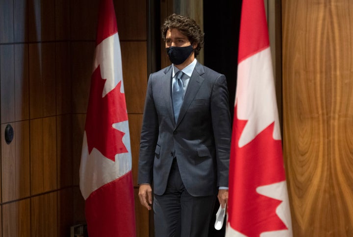 Prime Minister Justin Trudeau arrives for a news conference in Ottawa on Oct. 20, 2020.