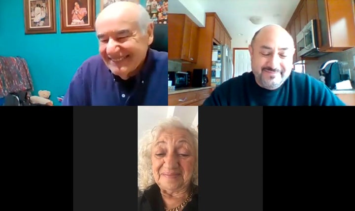 Israel "Sasha" Eisenberg, left, Ruth Brandspiegel, bottom, and her son Larry Brandspiegel, right, tell stories of their time in a post-World War II displaced persons camp and rejoice in their recent reunion in East Brunswick, N.J., Tuesday, Oct. 13, 2020.