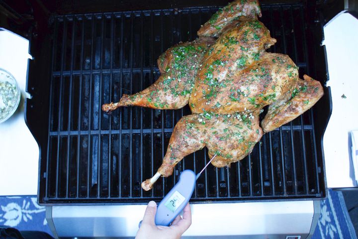 Use a digital thermometer to check the temperature of both the light and dark meat.