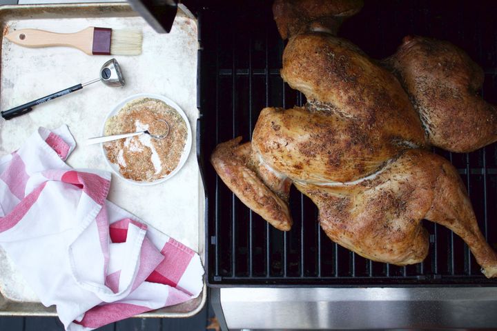 The dry-brined turkey, before it's been basted with garlic herb butter.