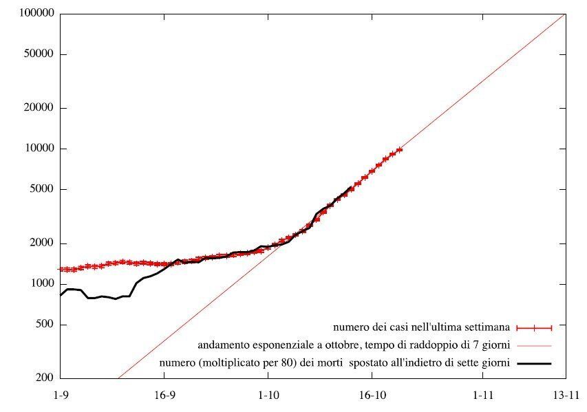 Nel grafico i nuovi casi e i morti mediati su un intervallo di una settimana. Da metà settembre in poi...