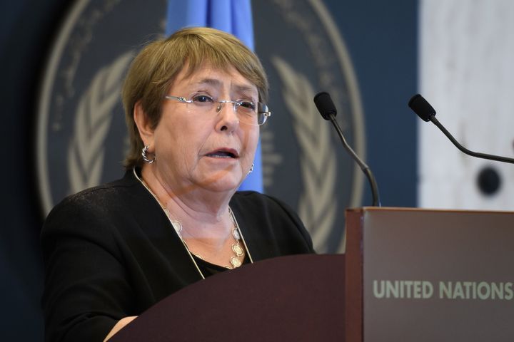 UN High Commissioner for Human Rights Michelle Bachelet speaks at 2020 World Humanitarian Day, in Geneva on August 19, 2020.