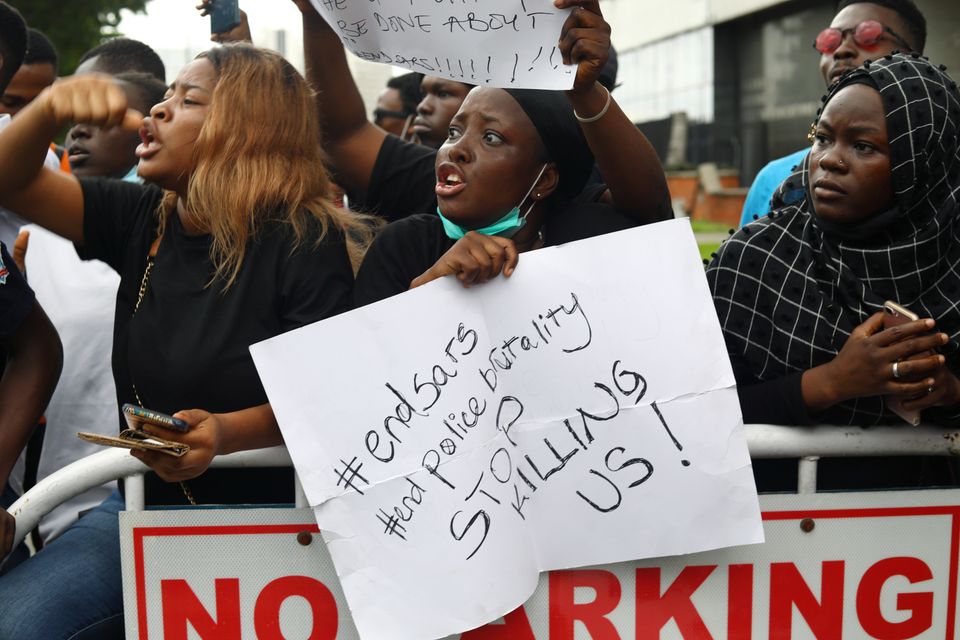Nigerians take part in a protest against alleged violence, extortion and harrassment from Nigeria's Special Anti-Robbery Squad (SARS), in Lagos, Nigeria October 11, 2020. REUTERS/Temilade Adelaja
