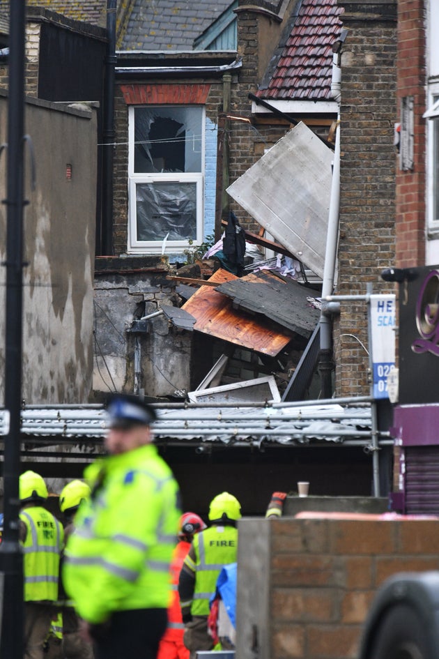 Emergency services at the scene of a suspected gas explosion on King Street in Ealing, west London