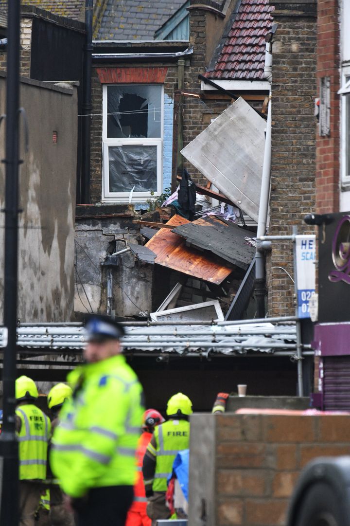 Emergency services at the scene of a suspected gas explosion on King Street in Southall, west London
