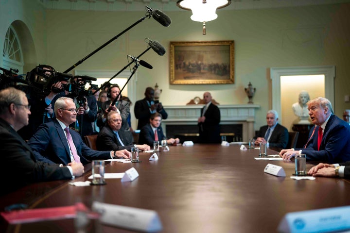 President Donald Trump speaks during a roundtable meeting with energy sector CEOs at the White House on April 3. U.S. oil companies were hit hard by both the effects of the coronavirus and from foreign pressures caused by Russia and Saudi Arabia in the oil markets. 