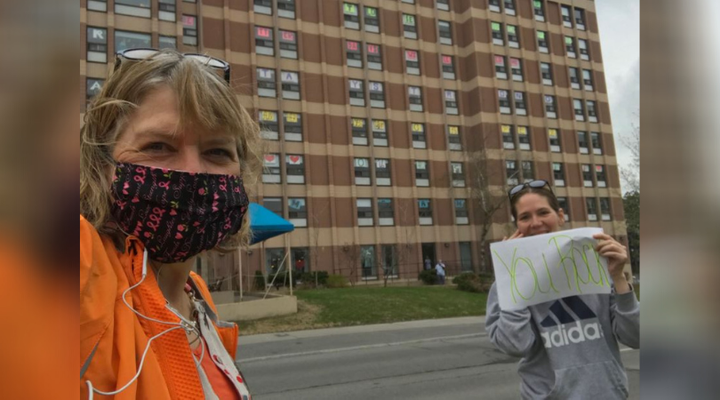 Theresa Kavanagh (left) outside Carlingview Manor during the pandemic.
