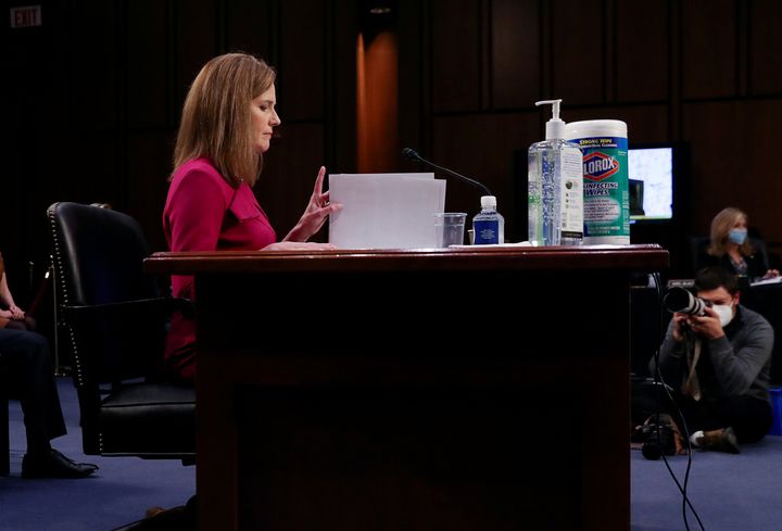 Supreme Court nominee Amy Coney Barrett delivers her opening statement before the Senate Judiciary Committee in Washington on Oct. 12, 2020.