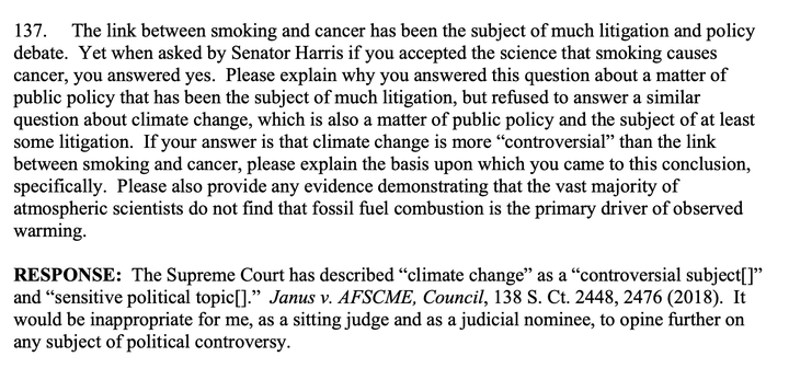 Amy Coney Barrett cited climate change as a "controversial subject" and "sensitive political topic" in her refusal to say whether it exists.