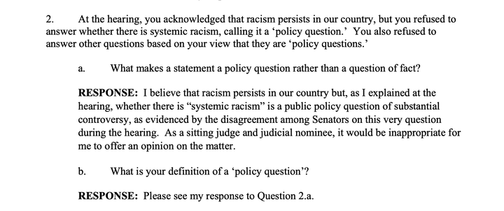 Barrett said the existence of systemic racism is "a public policy question of substantial controversy" rather than affirming that it exists.