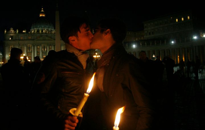Two men kiss outside St. Peter's Square at the Vatican during a candlelight demonstration for gay rights in 2008.
