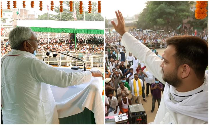 Bihar Chief Minister Nitish Kumar addresses an election meeting at Masauhri on October 20 (left). RJD's Tejashwi Yadav during an election campaign rally at Masaurhi on October 21 (right).